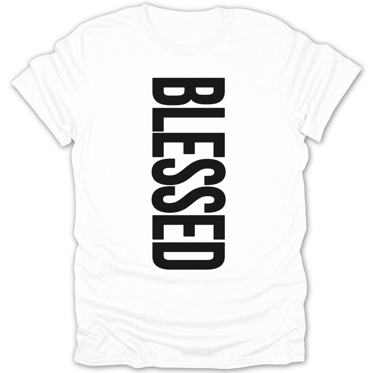 White t-shirt with the word "BLESSED" printed vertically in large black letters.