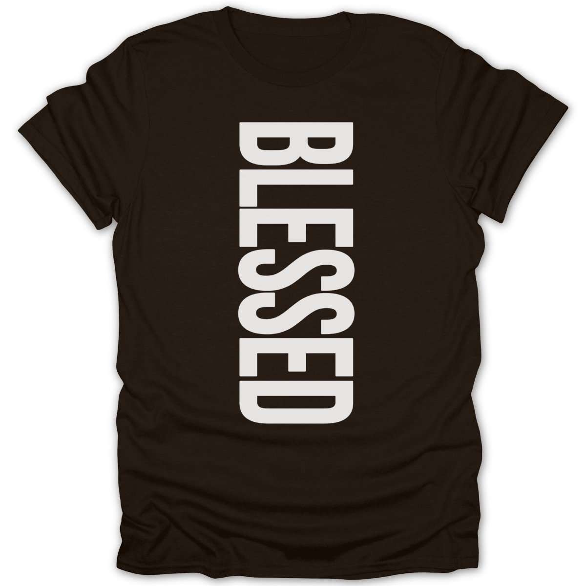 Brown t-shirt with vertical "BLESSED" text in white.