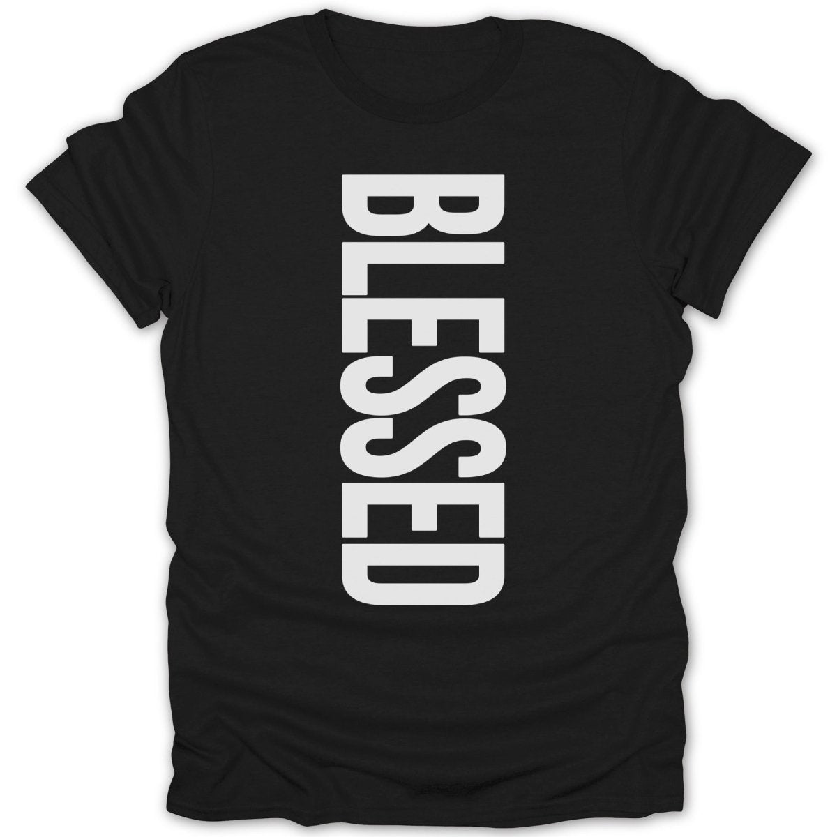 Black t-shirt with "BLESSED" printed vertically in white text.