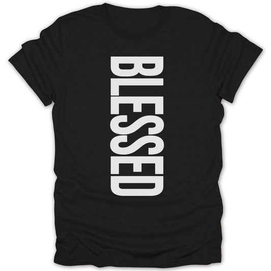 Black t-shirt with "BLESSED" printed vertically in white text.
