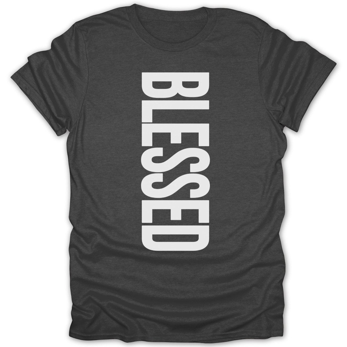 Dark grey t-shirt with "BLESSED" printed vertically in white text.