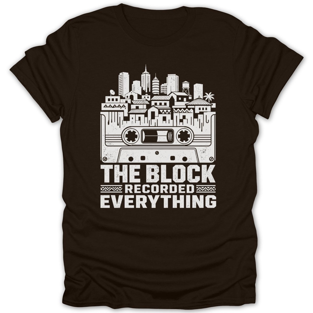 Brown t-shirt with cassette tape and skyline graphic, "The Block Recorded Everything."