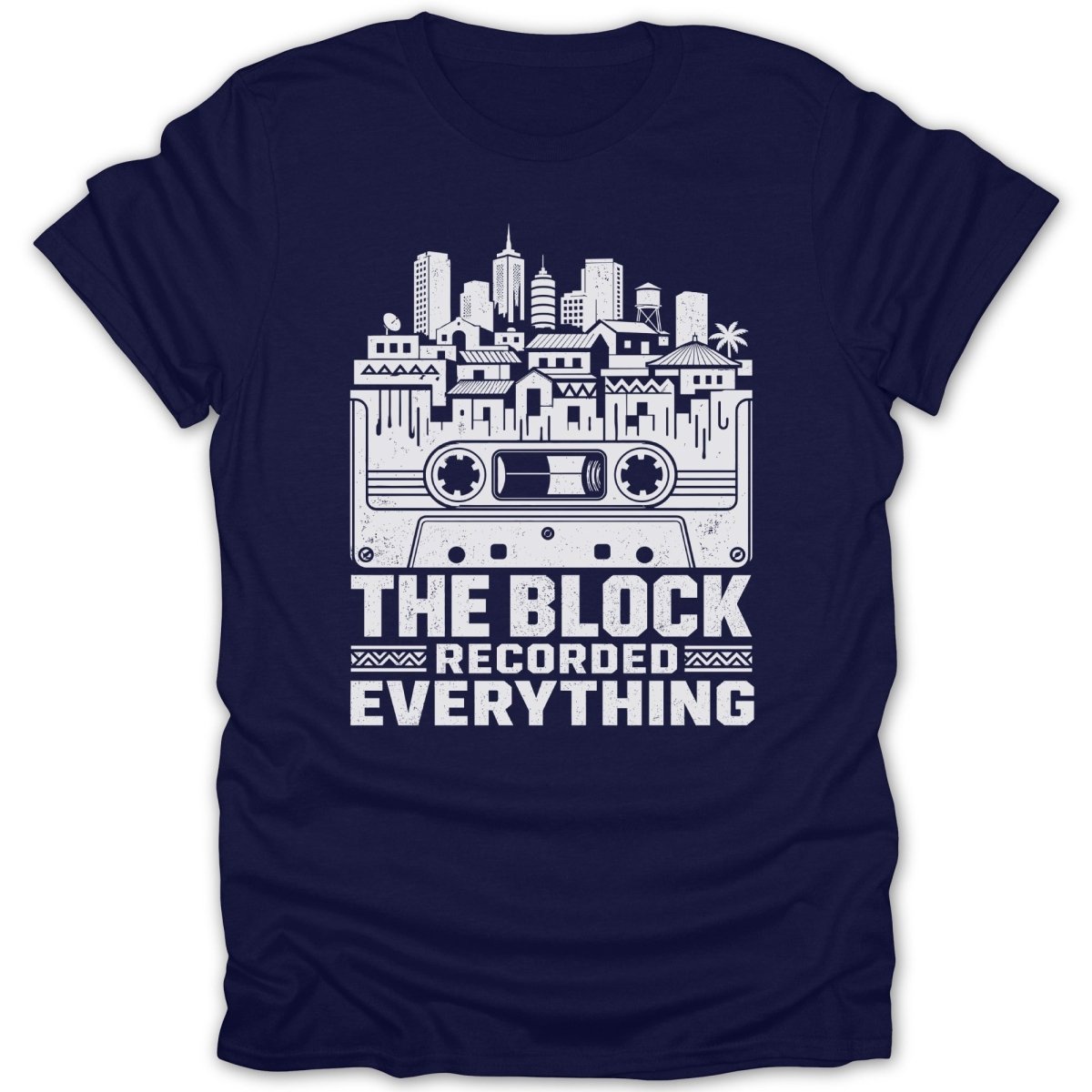 Dark blue t-shirt with white graphic of a cassette tape and city skyline. Text reads "THE BLOCK RECORDED EVERYTHING".