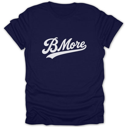 Navy t-shirt with white "BMore" text in a cursive font.