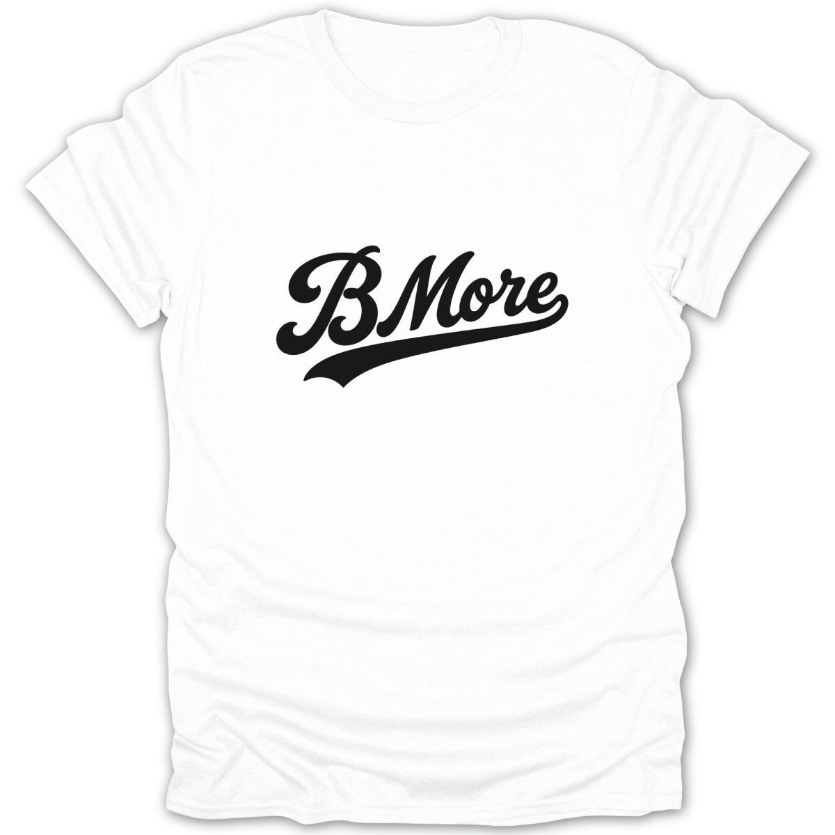 White t-shirt with black "B.More" script text and a swoosh graphic.