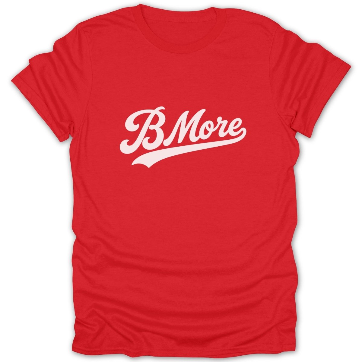 Red t-shirt with white cursive text that says "BMore".