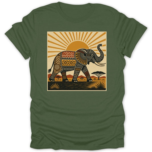 Artistic elephant with tribal patterns walks across savanna at sunrise.