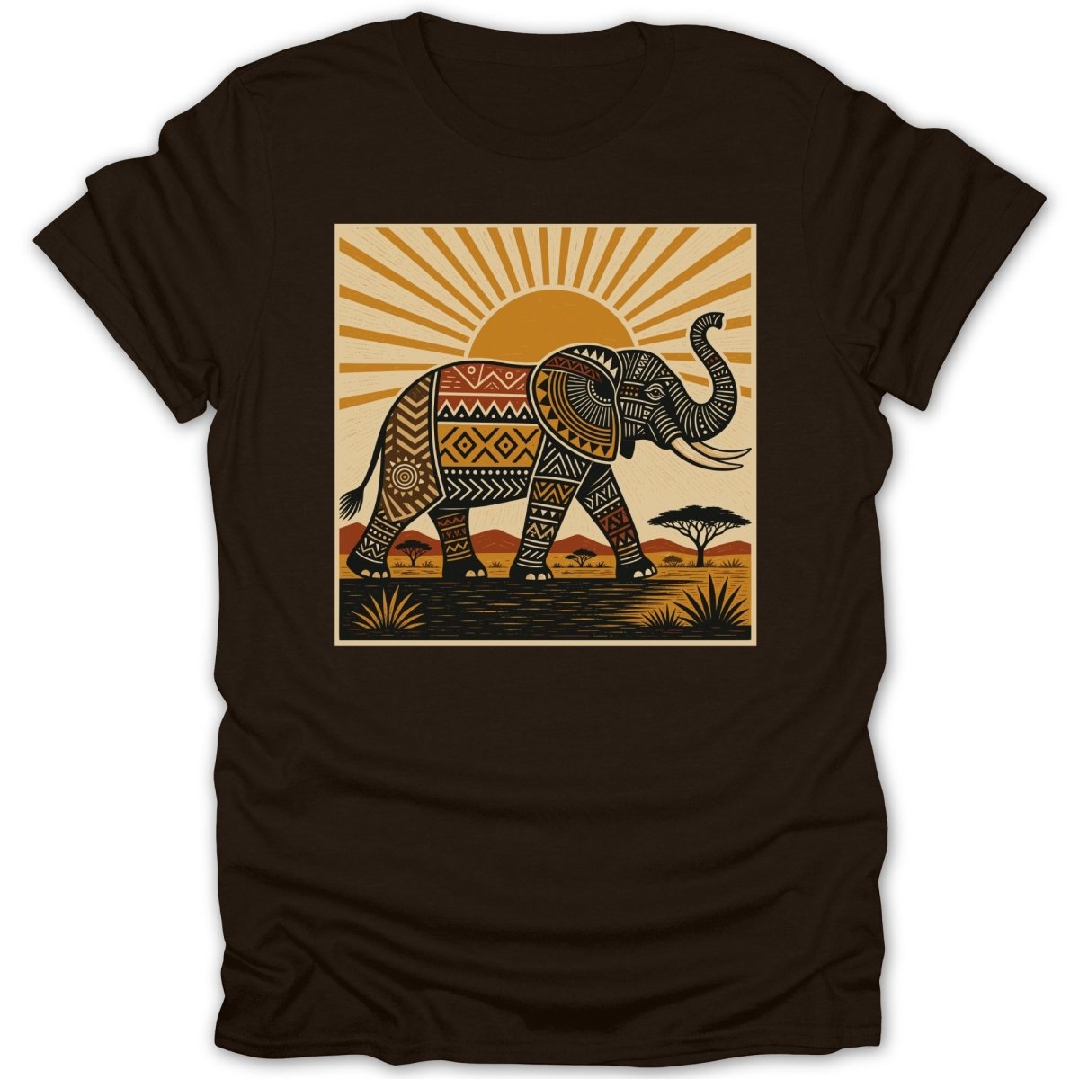 Tribal patterned elephant walking through an African savanna at sunset.