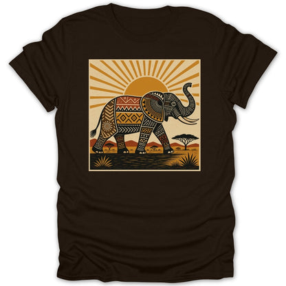 Tribal patterned elephant walking through an African savanna at sunset.