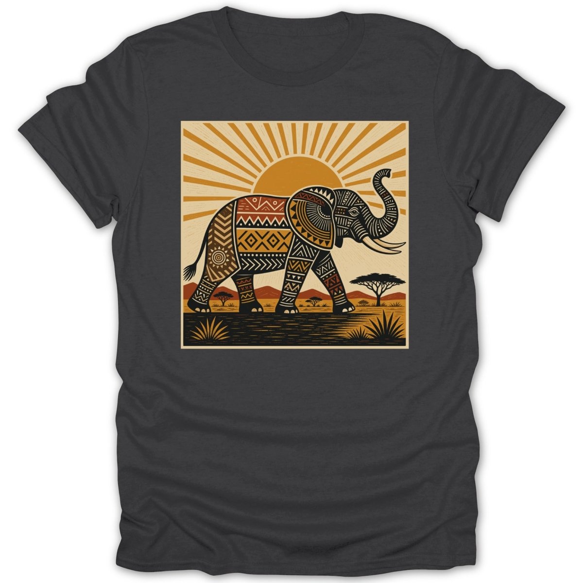 Stylized elephant with tribal patterns walking across an African savanna landscape under a sunburst.