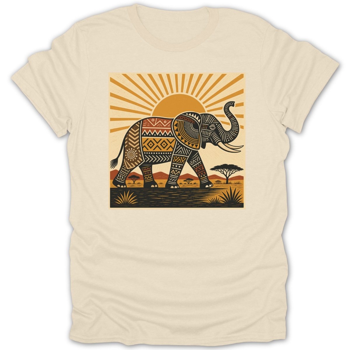 T-shirt with a stylized elephant walking at sunrise across a savanna landscape.