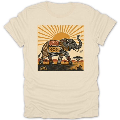 T-shirt with a stylized elephant walking at sunrise across a savanna landscape.