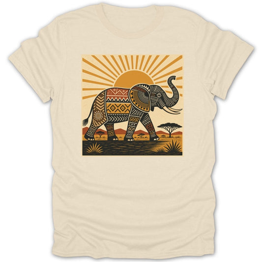 T-shirt with a stylized elephant walking at sunrise across a savanna landscape.