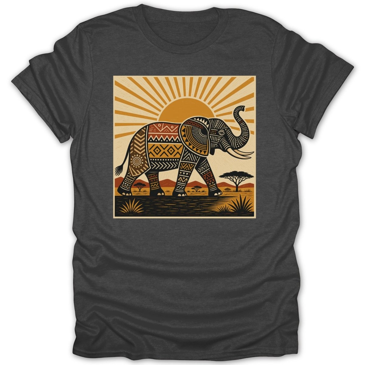 Tribal patterned elephant walks across African savanna under a radiant sun.