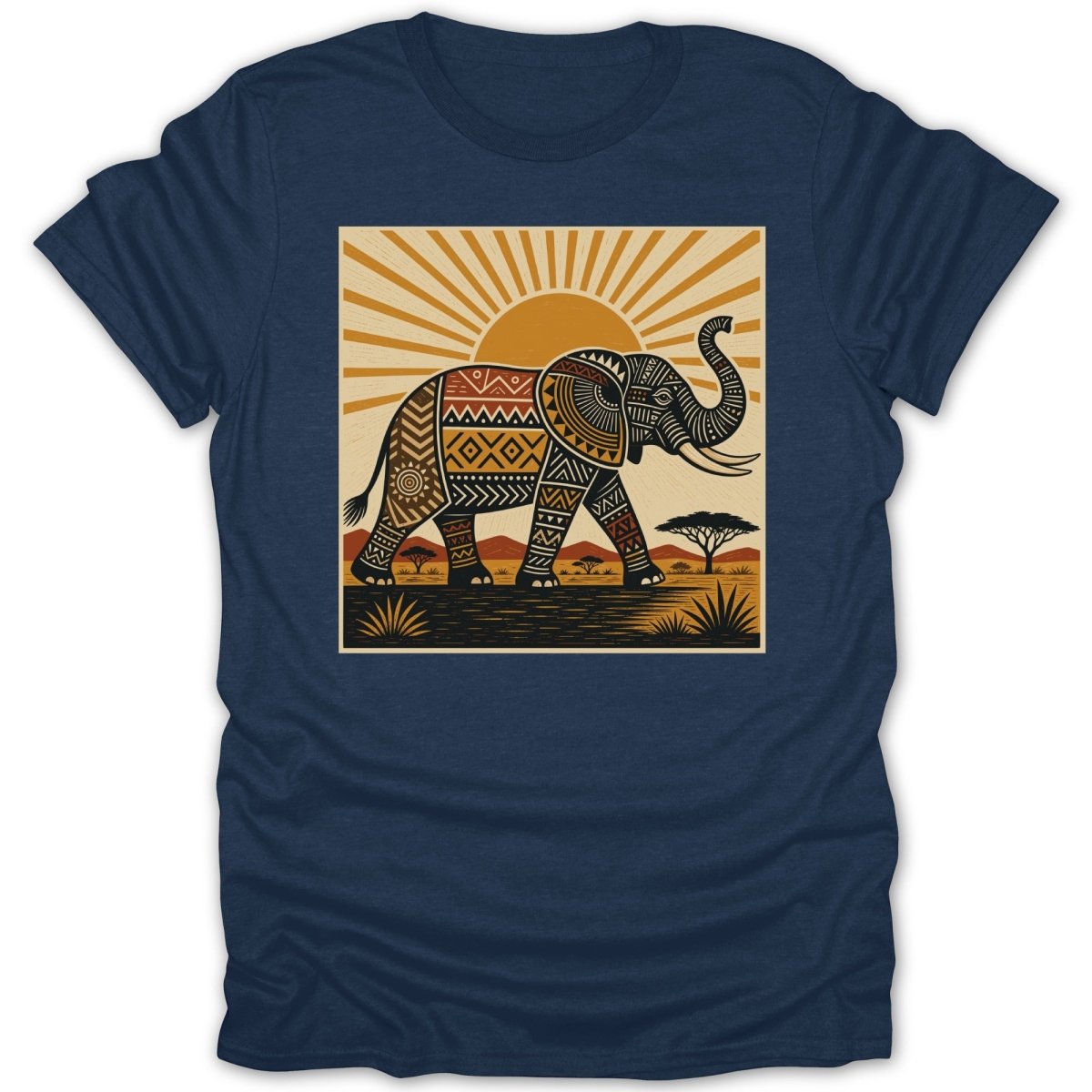 Stylized elephant with geometric patterns walks across savanna under a sunburst.