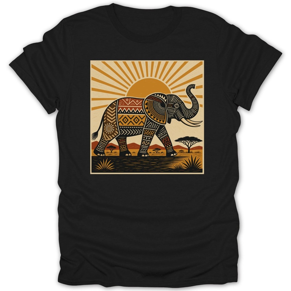 Black t-shirt with a square print of a stylized elephant in a savanna at sunrise.