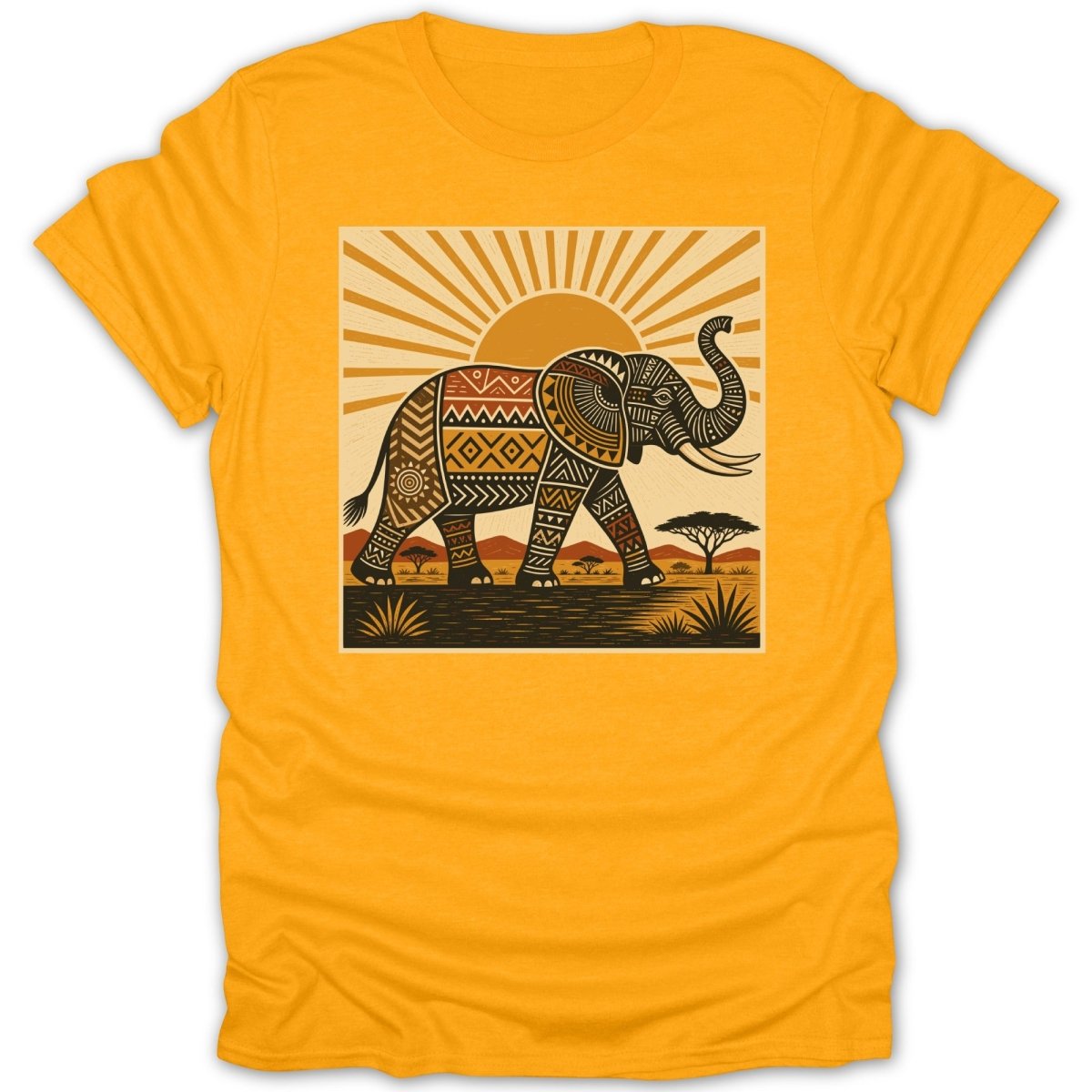Tribal patterned elephant walking through an African savanna landscape at sunset.