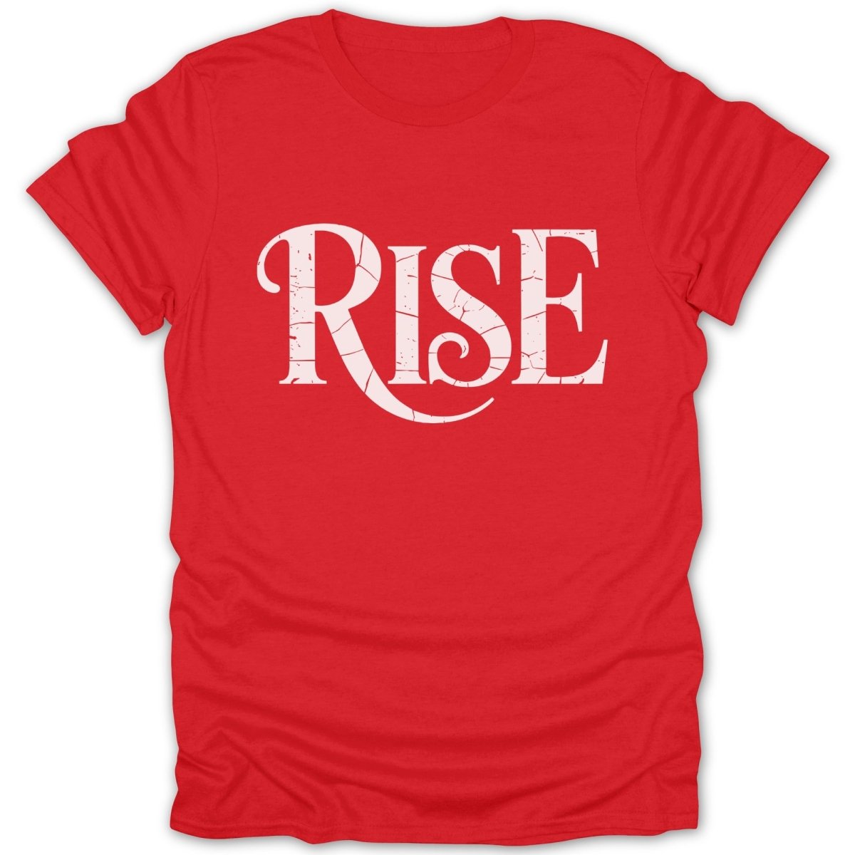 Red t-shirt with the word "RISE" in distressed white lettering.