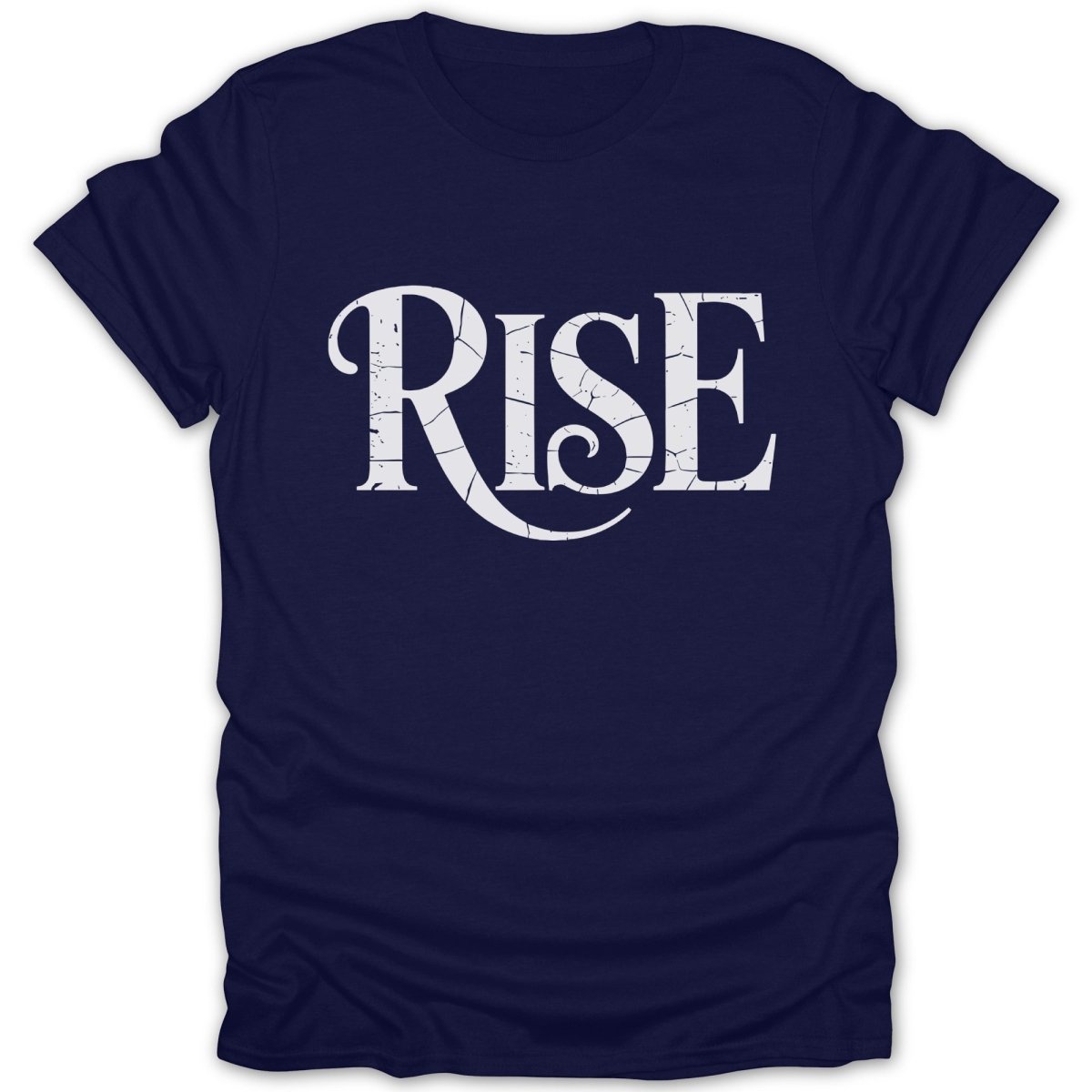 Navy t-shirt with white distressed text reading "RISE".