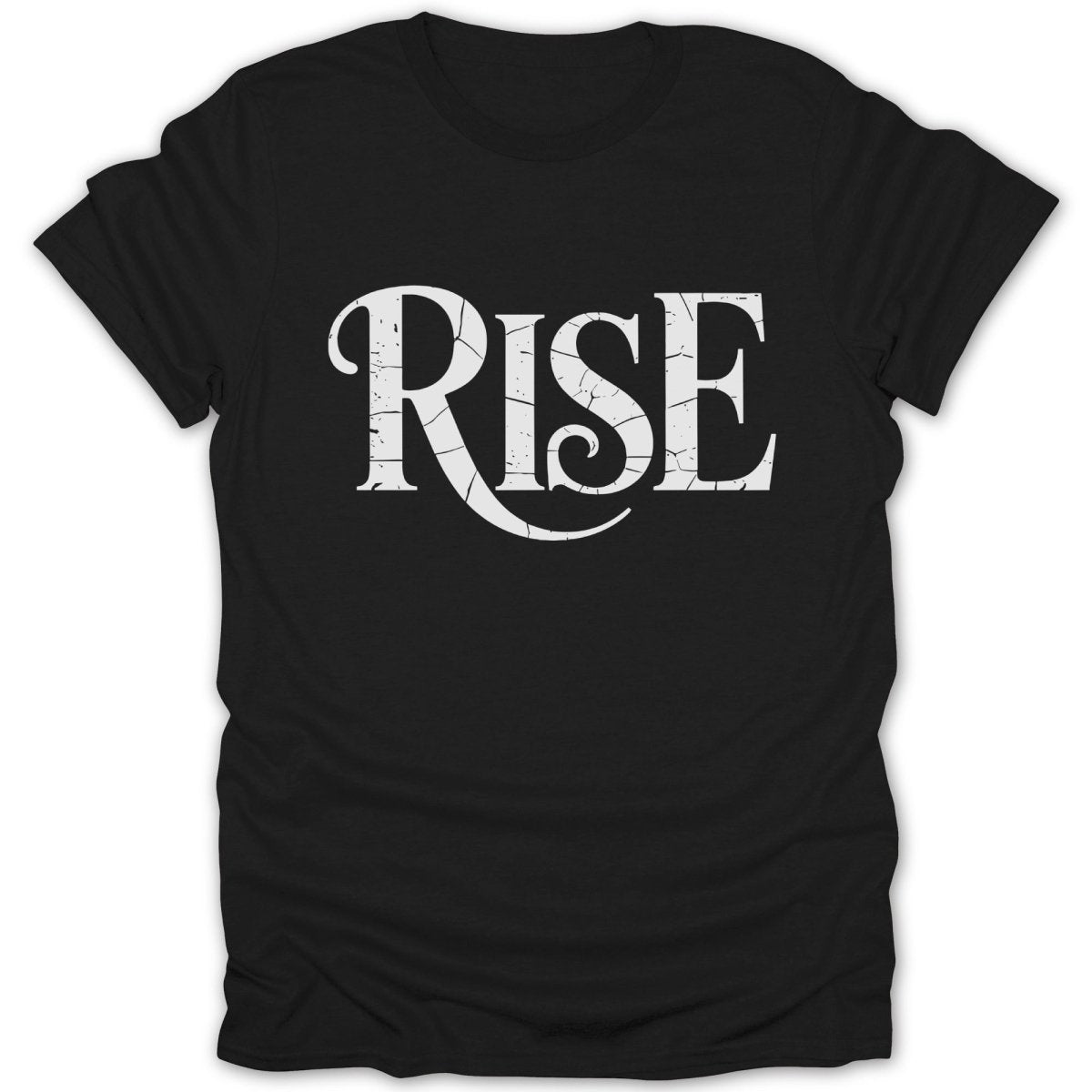 Black t-shirt with distressed white "RISE" text and flourish.