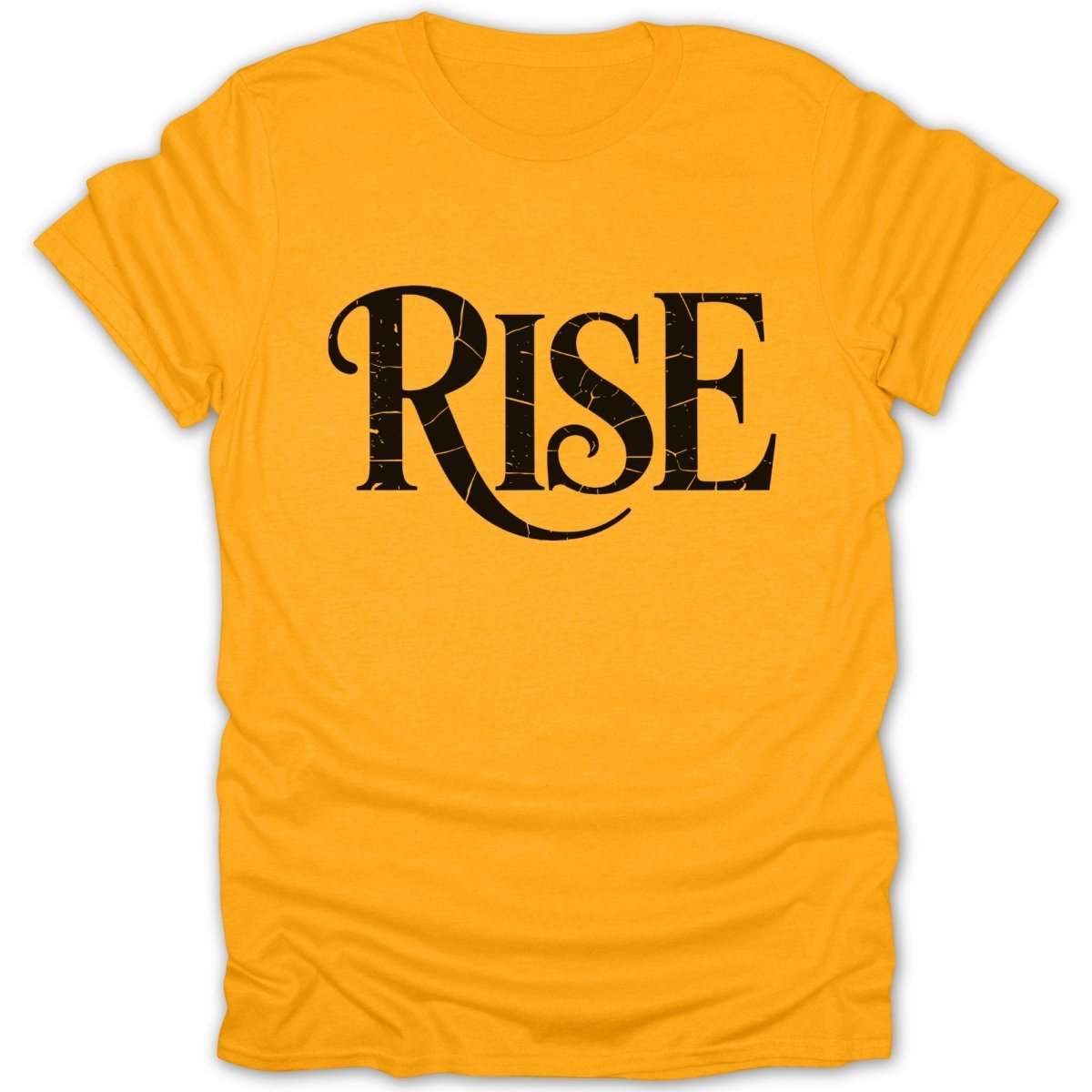Yellow t-shirt with black "RISE" text in a decorative font.