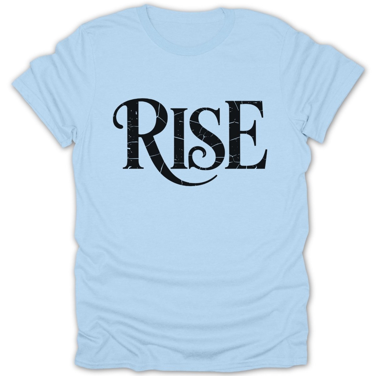 Light blue t-shirt with the word "RISE" in black, ornate lettering.