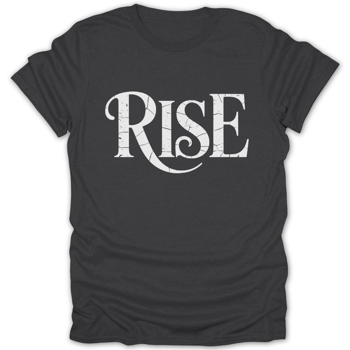 Charcoal t-shirt with distressed white "RISE" text and graphic.