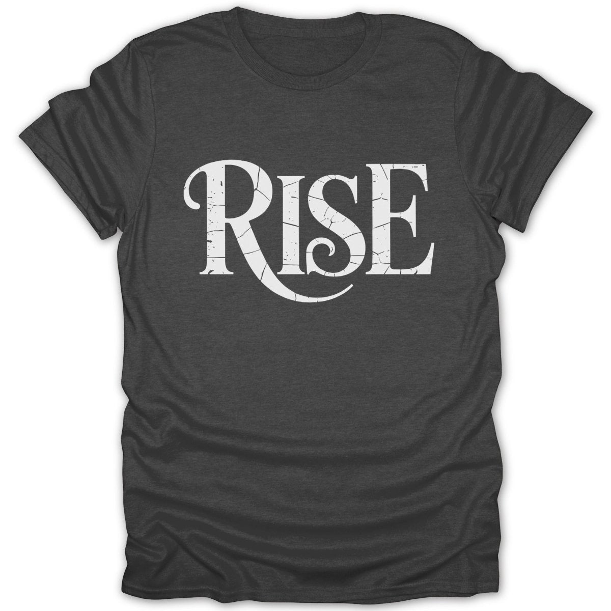 Dark grey t-shirt with "RISE" printed in white distressed lettering.