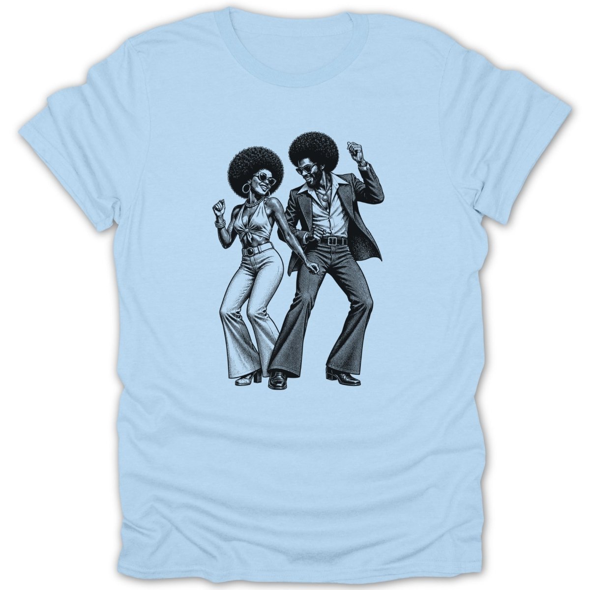 Black and white drawing of a couple dancing in 1970s attire on a light blue t-shirt.