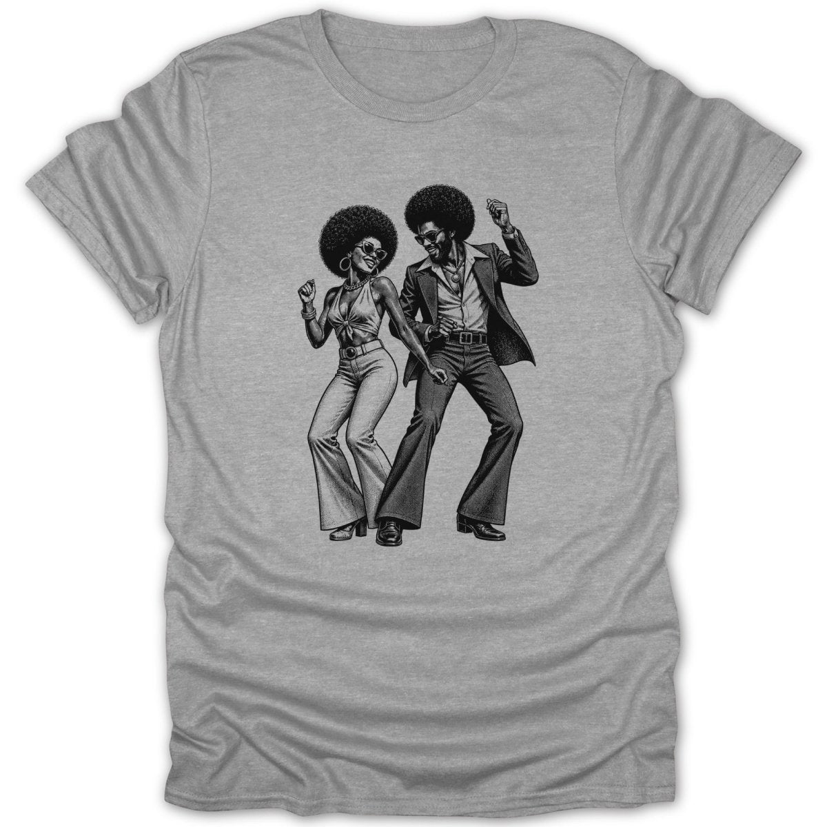 Black and white illustration of a disco couple dancing on a grey t-shirt.