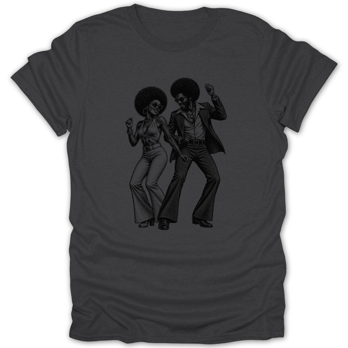 Illustration of dancing disco couple with large afros and bell-bottom pants.