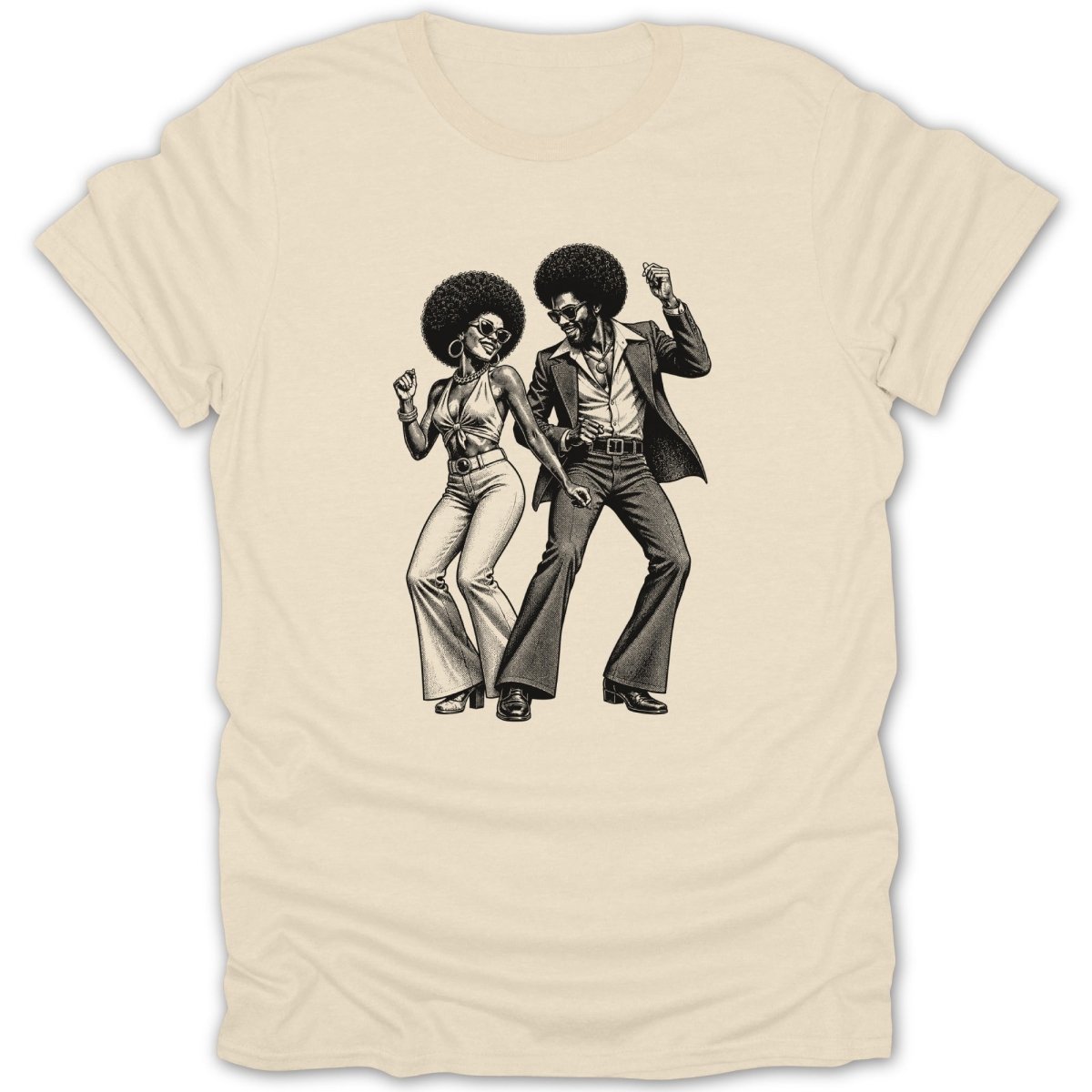 Black and white illustration of a disco couple dancing on a cream t-shirt.