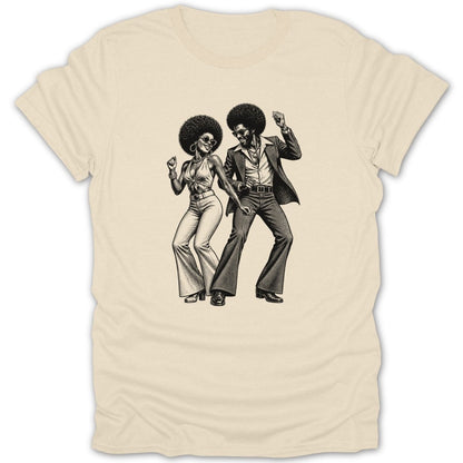Black and white illustration of a disco couple dancing on a cream t-shirt.