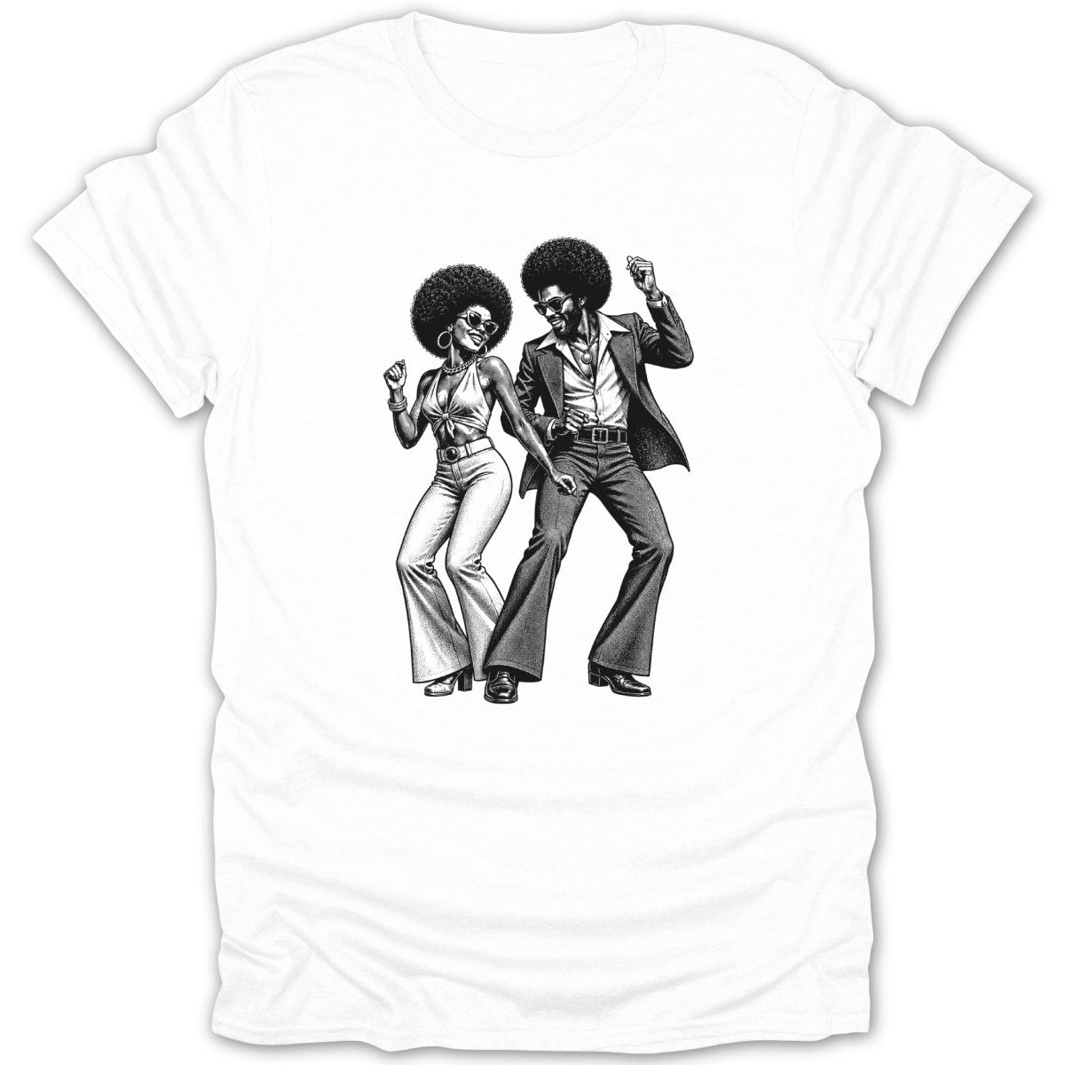 Black and white illustration of a disco dancing couple on a white t-shirt.