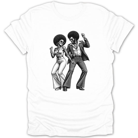 Black and white illustration of a disco dancing couple on a white t-shirt.
