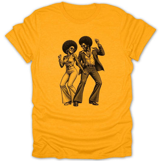 Black graphic of a man and woman dancing disco on a yellow t-shirt.