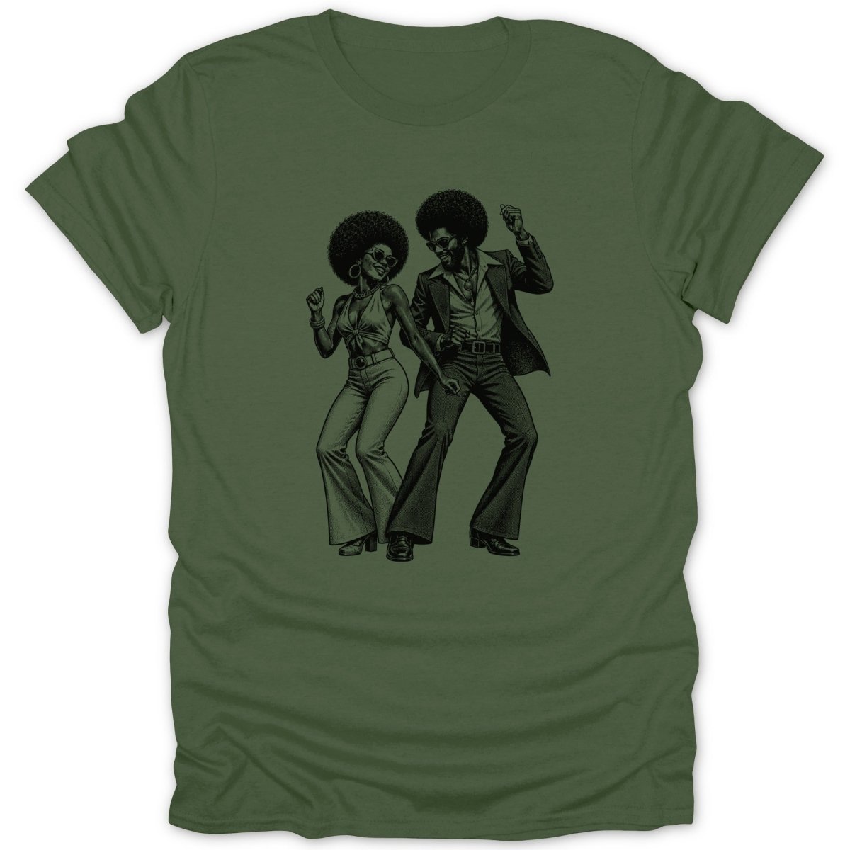 Black illustration of a couple dancing in 1970s disco attire on a green t-shirt.