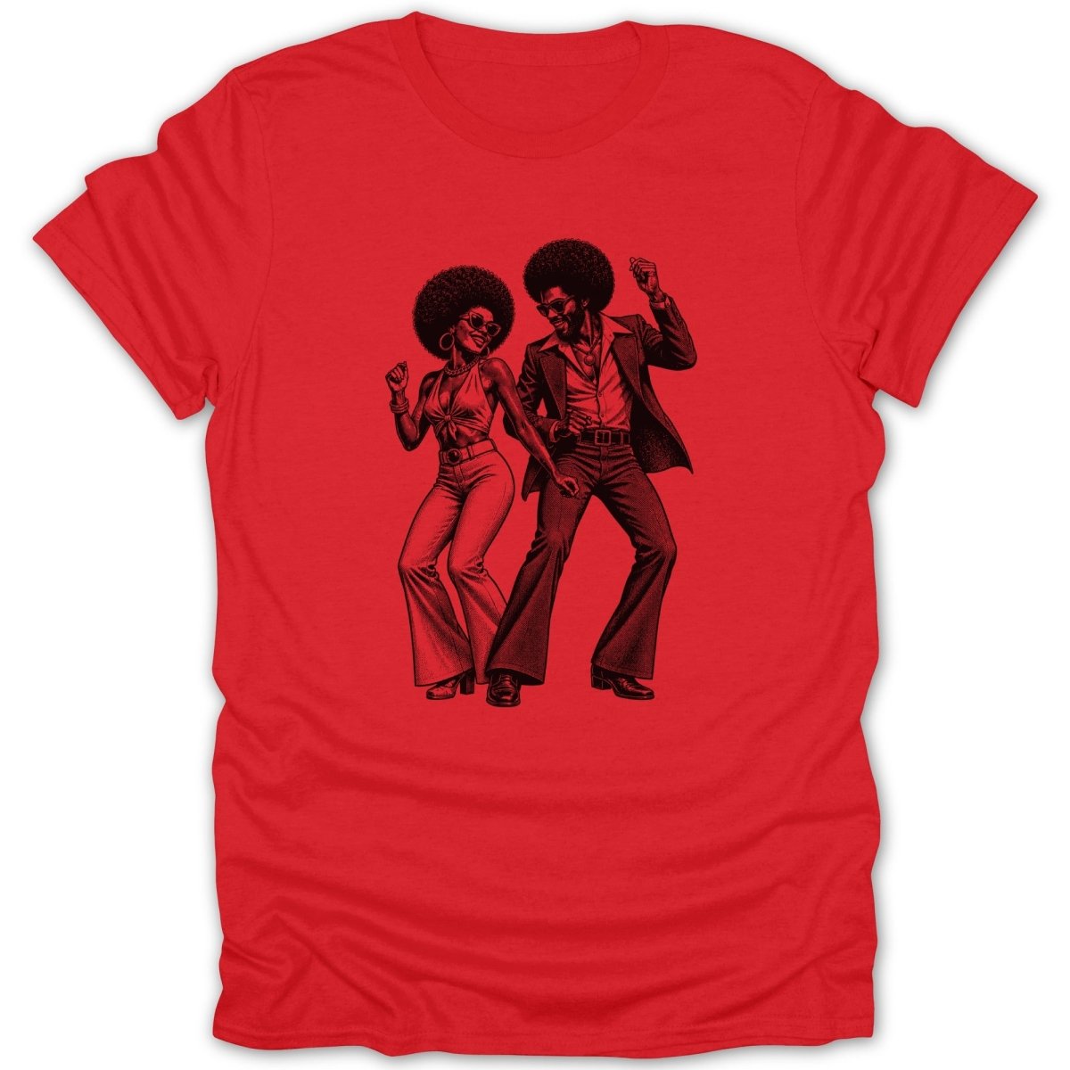 Illustration of a couple dancing in 1970s disco attire on a red shirt.