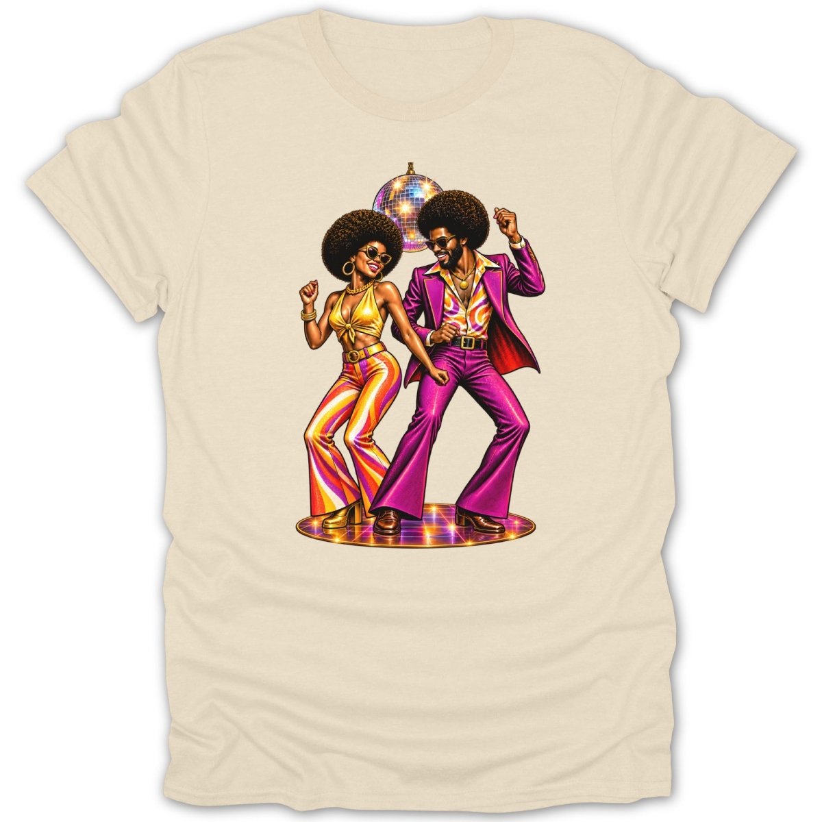 Couple dancing in disco attire with a disco ball above them.