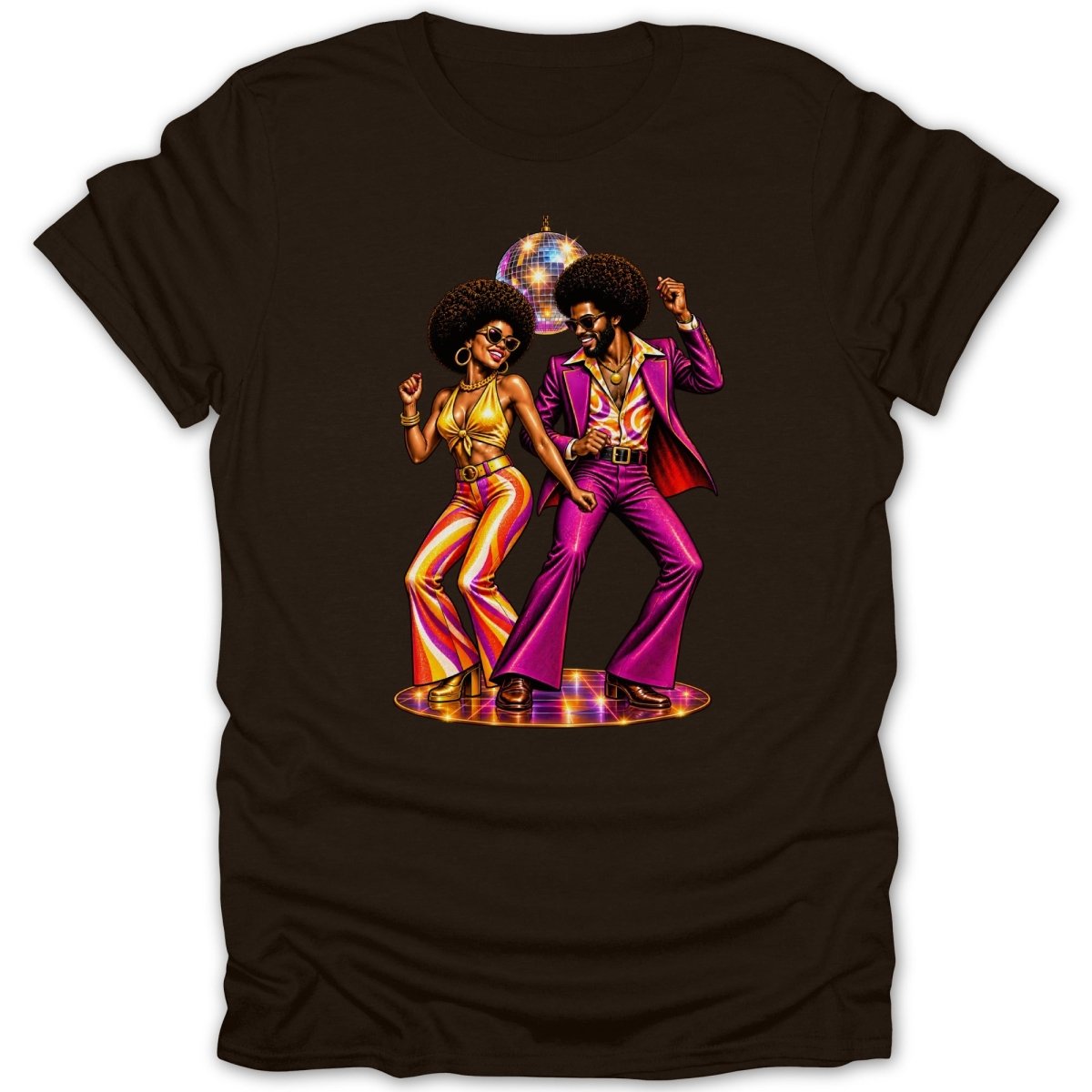 Couple dancing at a disco with a disco ball above them.