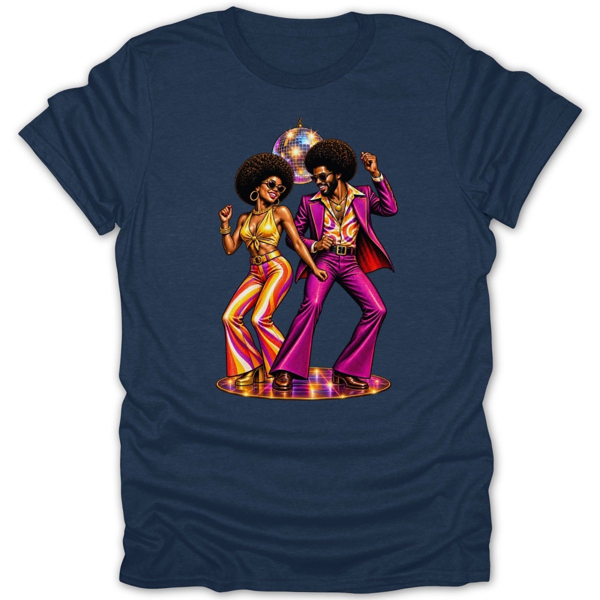 Couple dancing under a disco ball in retro 70s fashion on a navy blue t-shirt.