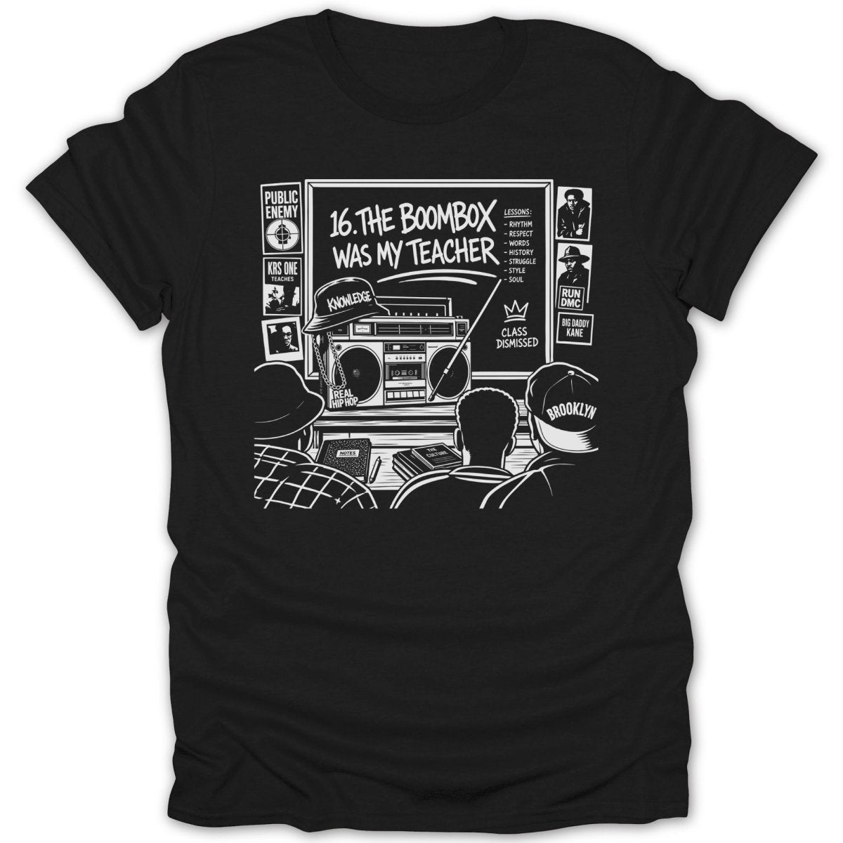 Black t-shirt graphic of a boombox with the text "16. The Boombox Was My Teacher."