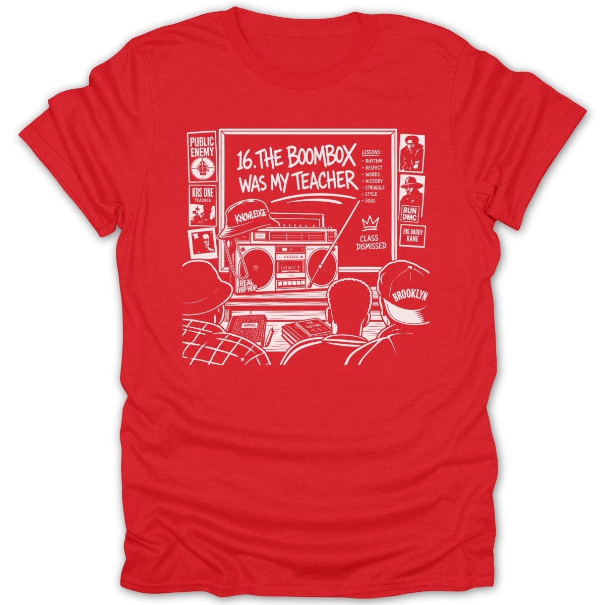 Red t-shirt with white graphic: "16. The Boombox Was My Teacher" and hip-hop artists.