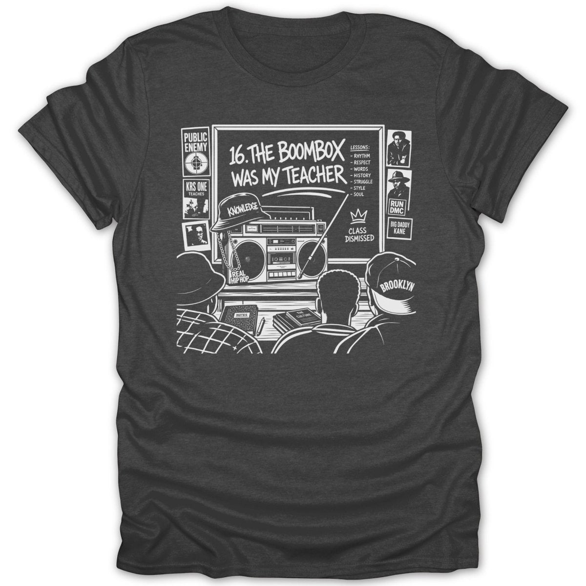Graphic featuring "The Boombox Was My Teacher" with hip hop artists and lessons.