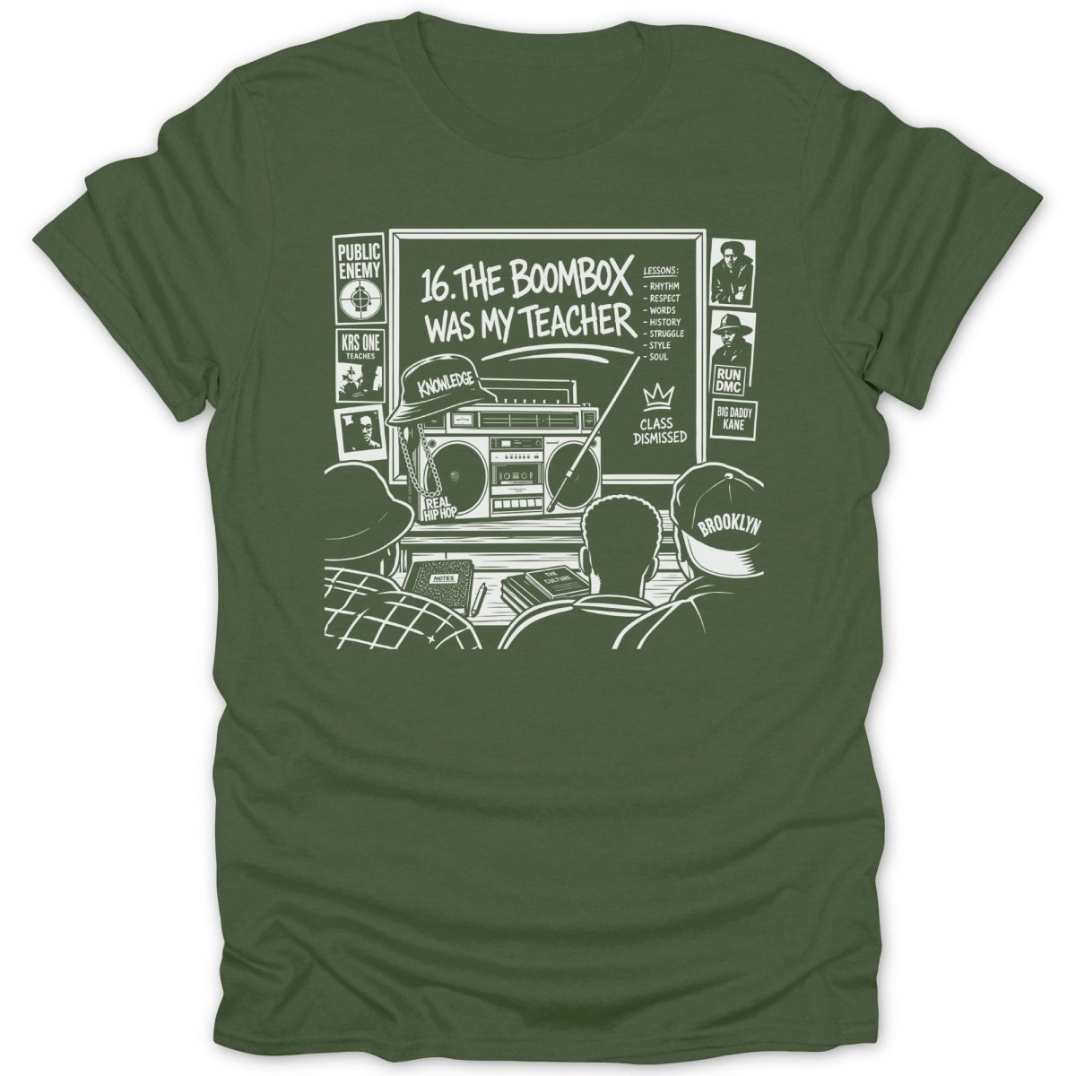 T-shirt graphic with boombox, "16. The Boombox Was My Teacher," and hip hop artists.