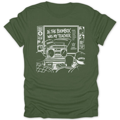 T-shirt graphic with boombox, "16. The Boombox Was My Teacher," and hip hop artists.