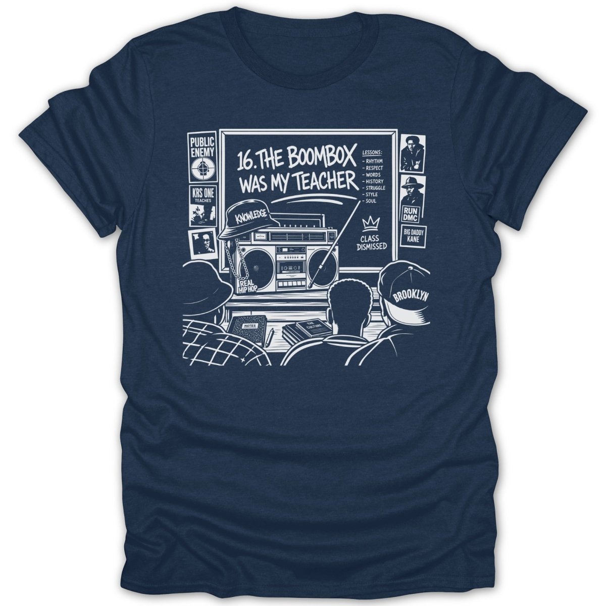 Dark blue t-shirt features a graphic of a boombox with text about hip hop lessons.