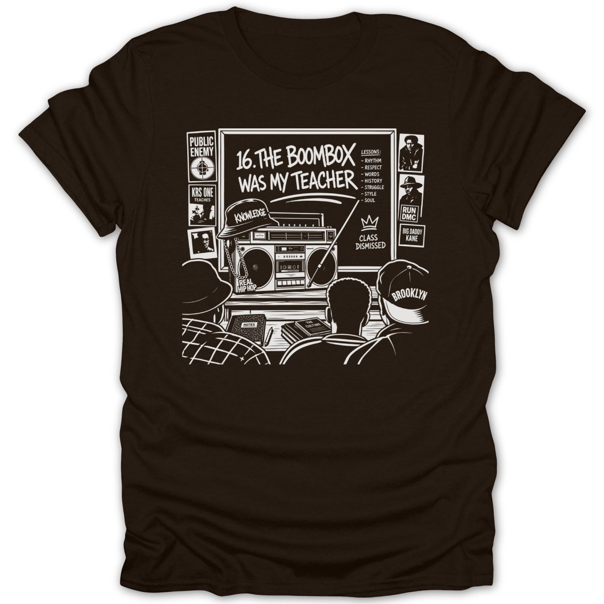 T-shirt graphic with "The Boombox Was My Teacher" and hip-hop artist images.