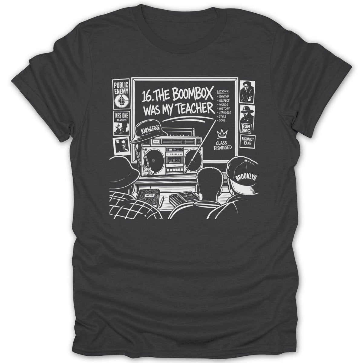Graphic design with text: "16. The Boombox Was My Teacher," lessons, and hip hop artists.