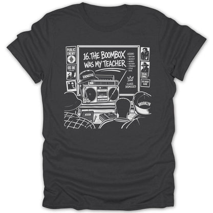 Graphic design with text: "16. The Boombox Was My Teacher," lessons, and hip hop artists.